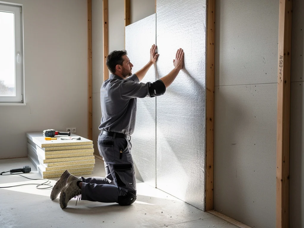 Pose de panneaux rigides en polyisocyanurate de faible épaisseur contre un mur intérieur